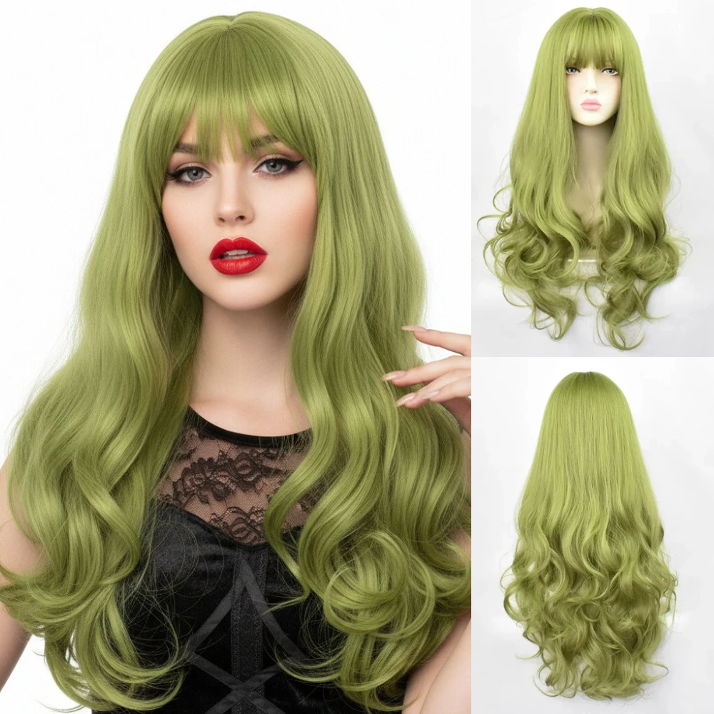 Synthetic Green Black Hair Curly Big Wave Cosplay Wigs With Bangs for Women African American Heat Resistant Fiber Hair