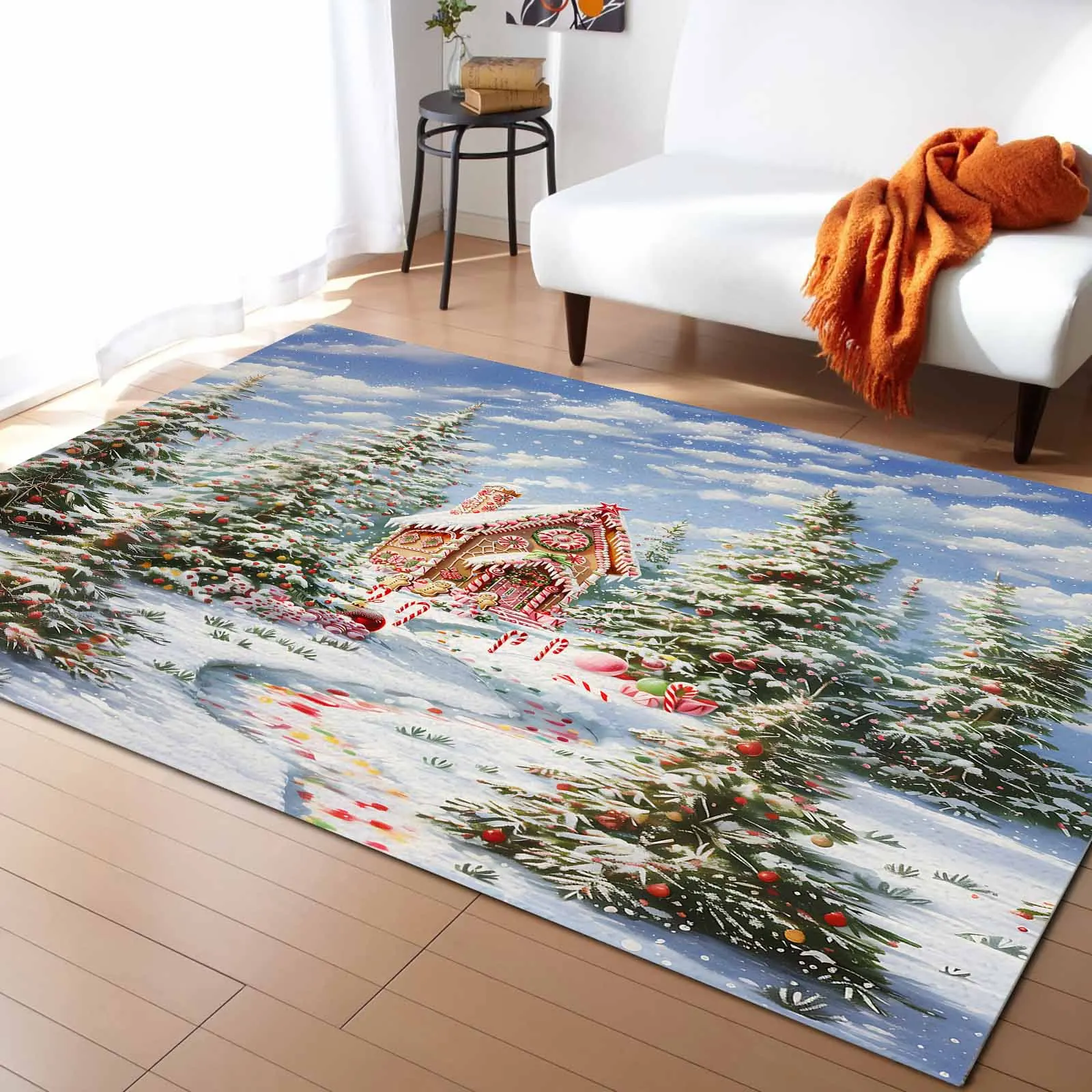 Christmas Snow Scenery Evergreen Tree Candy House Living Room Floor Mat Children's Room Bedroom Bedside Carpet Kitchen Door Mat