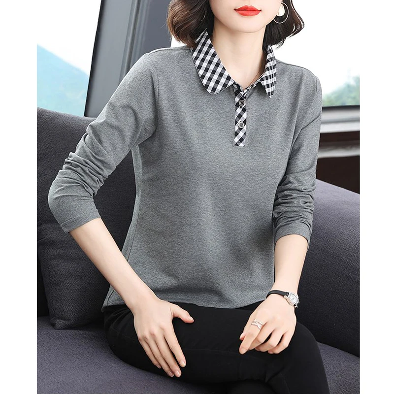 Women\'s Clothing Korean Fashion Plaid Patchwork Elegant Polo Collar T-shirts Spring Autumn Casual Long Sleeve Loose Cotton Tops