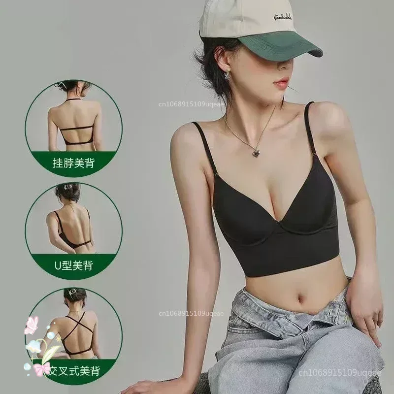 Invisible Bra with Bare Open Back Sexy Women Intimate Underwear Small Chest Pudh Up Gathered Lingerie Thin Vest Seamles Backless