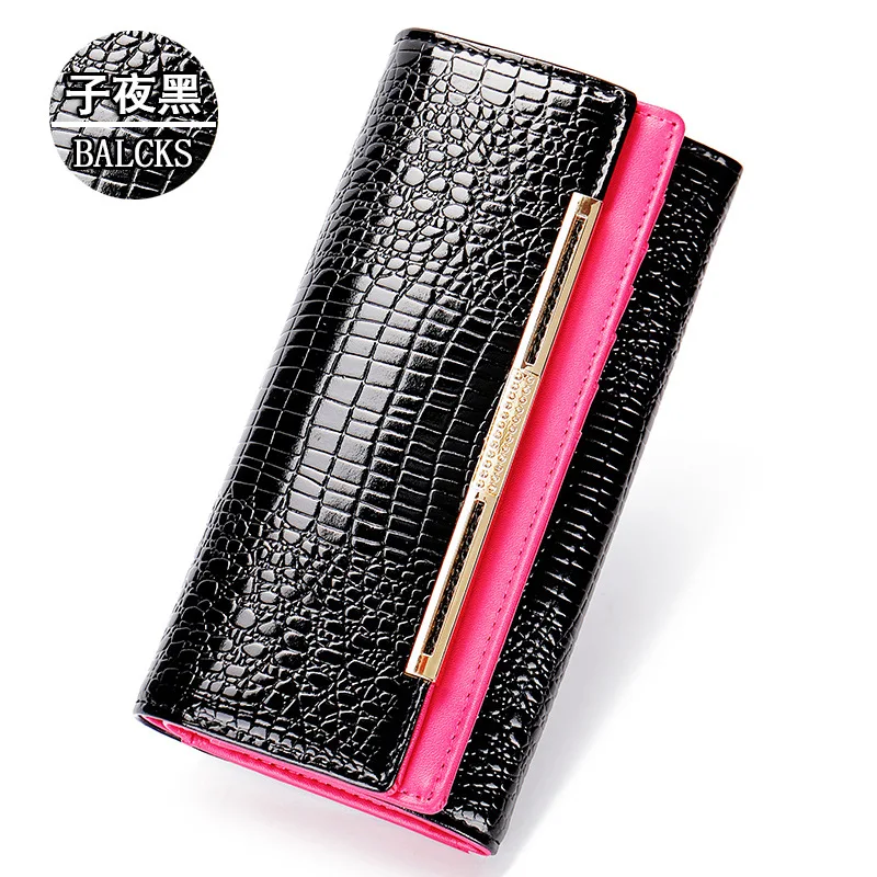 Fashion women's cowhide long purse leather buckle hand purse large capacity three fold Korean coin purse