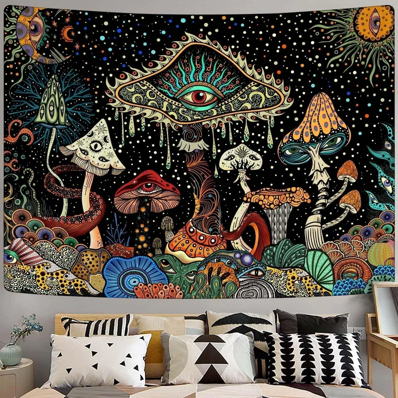 VIKAMA Psychedelic Mushroom Tapestry Trippy Eyes Black Starry Background Colorful Wall Hanging Aesthetic Wall Art Room Decor