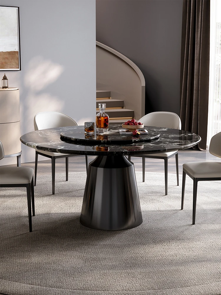 Natural luxury stone dining table black rose high-grade round Italian light luxury dining table with turntable