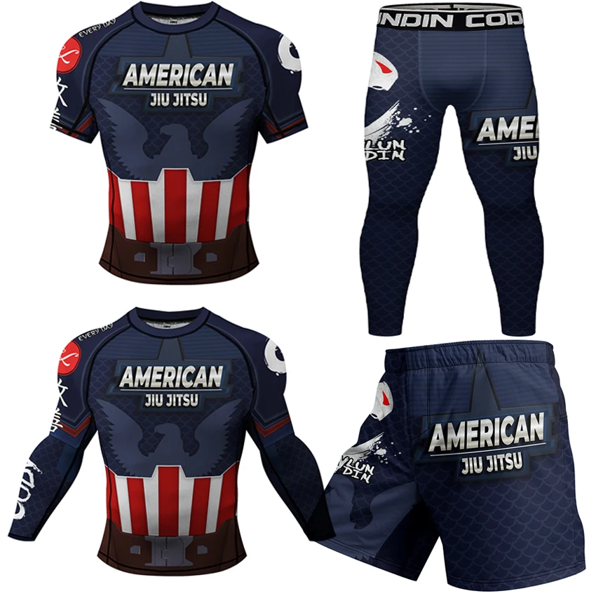 Jiu Jitsu Rashguard MMA T-shirt + spodnie dla mężczyzn 4 sztuk/zestaw brazylijski Grappling Bjj boks Rash Guard odzież sportowa spodenki bojowe