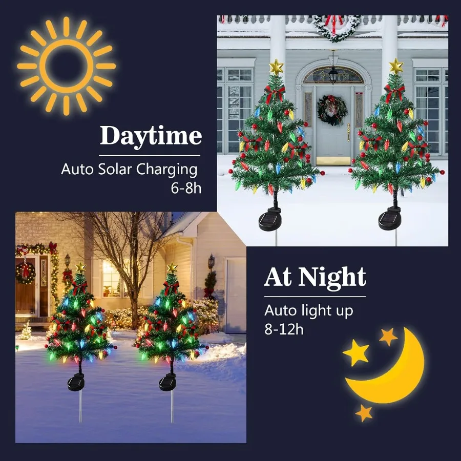 Arbre de Noël solaire à l'extérieur, paquet de 4 arbres de Noël solaires étanches avec 80 lumières LED, 2 Modes de clignotement, décorations de Noël solaires