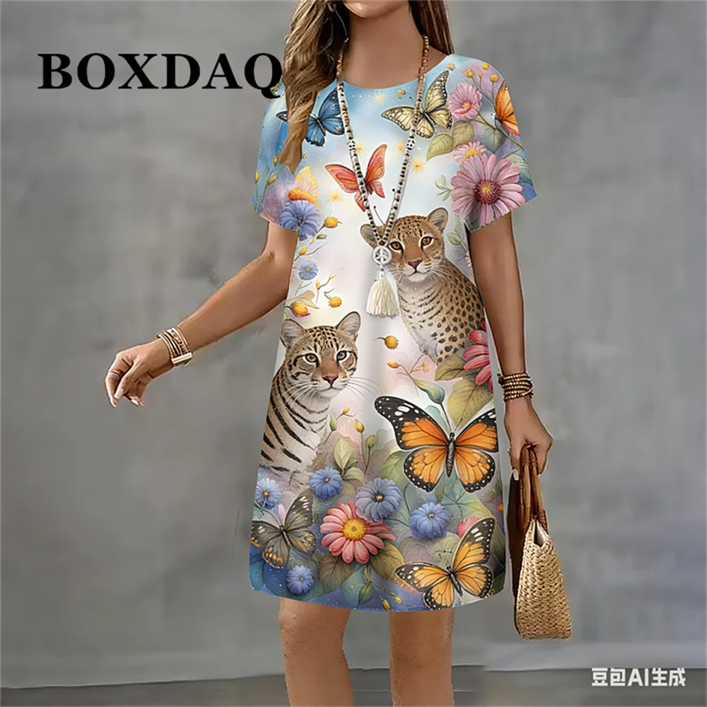 

Модные новые платья с 3D-принтом «Бабочки и цветы» для женщин, повседневные, с коротким рукавом, пляжные, уличная одежда, свободные летние женские платья 2026