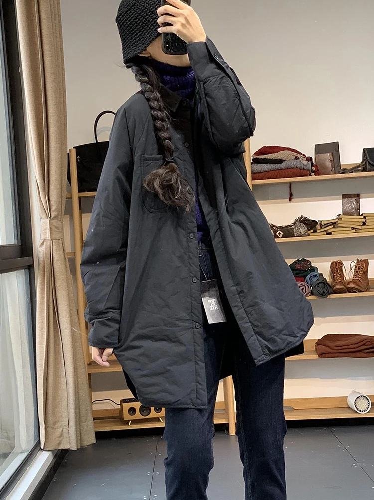 

Casual Loose Lightweight Cotton irt Women's Autumn Winter Thiened Pure Color Slimming Jaet Collar Long Sve Coat