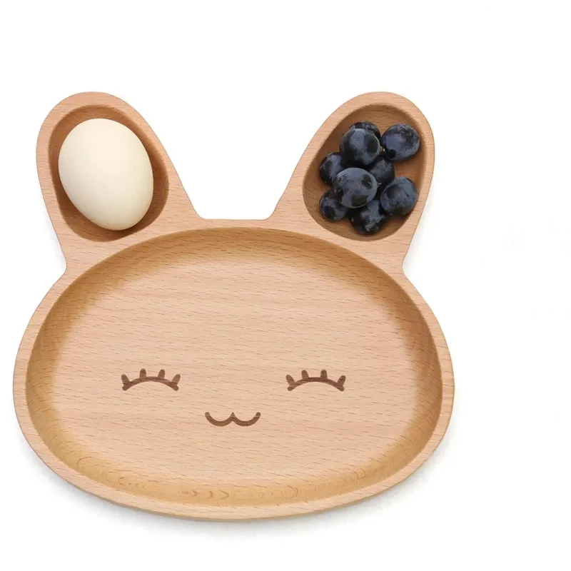 1pcs Cute Rabbit Face Wood Dinner Plate Fork Spoon Set Kids Cartoon Food Fruit Dish Tray Child Baby Serving Table Kitchen Plates