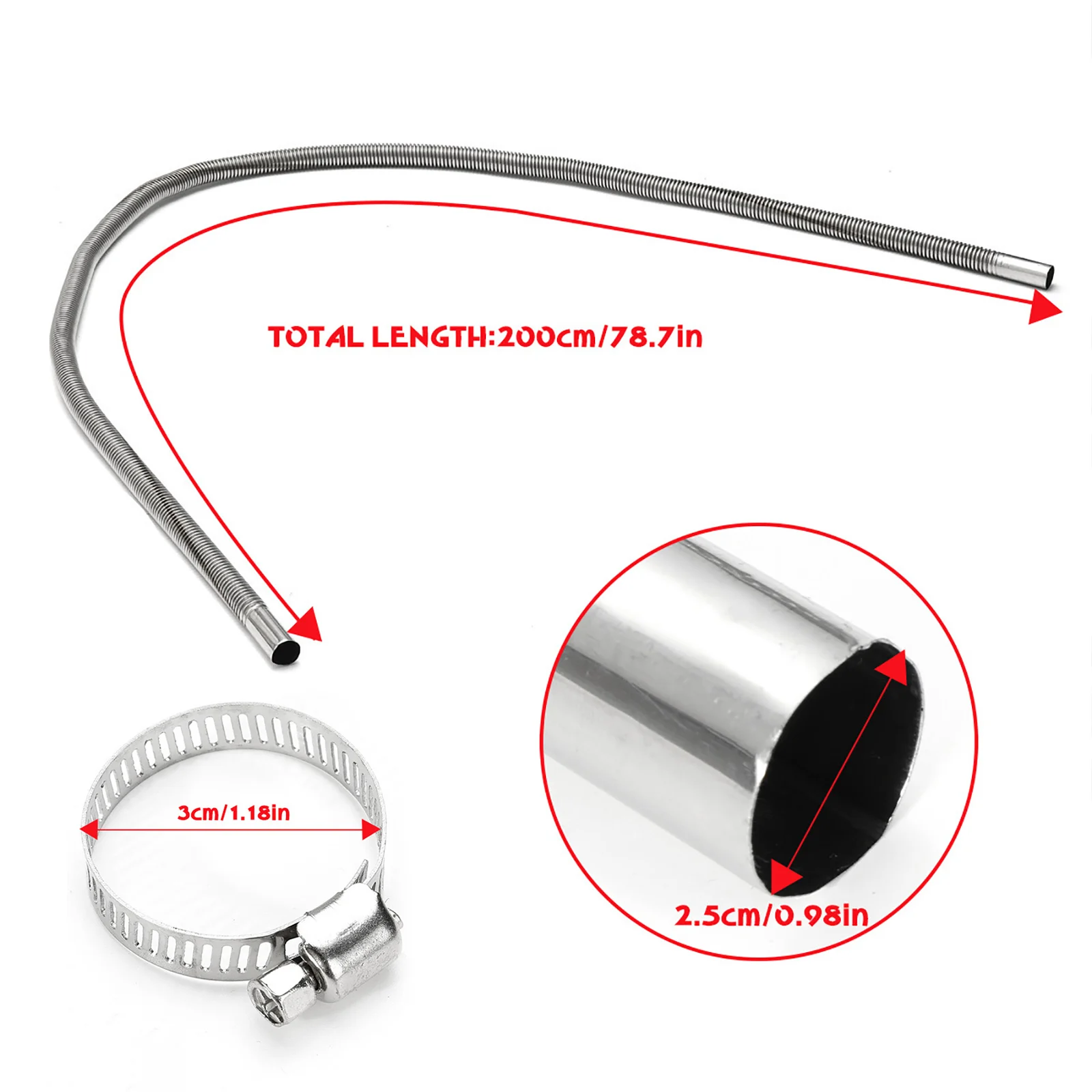 200cm Exhaust Hose with Two Clips Stainless Steel Exhaust Pipe Air Diesel Heater Car Parking Exhaust Pipe for Car Heater