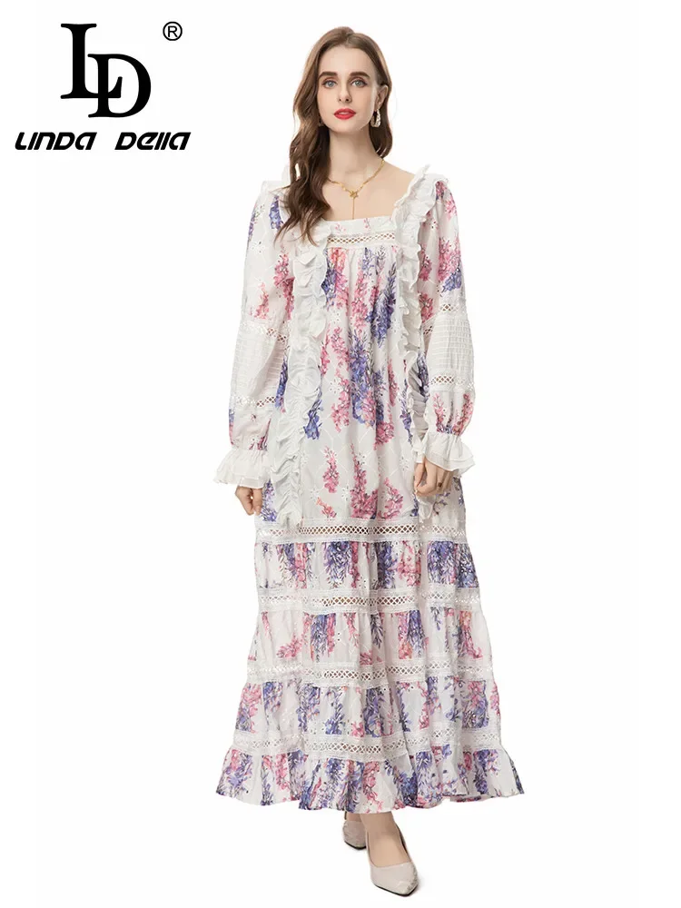 

LD LINDA DELLA Summer New Style Floral Print Retro Dress Women's Elegant Ruffles Hollow Out Embroidery Sashes Loose Dresses