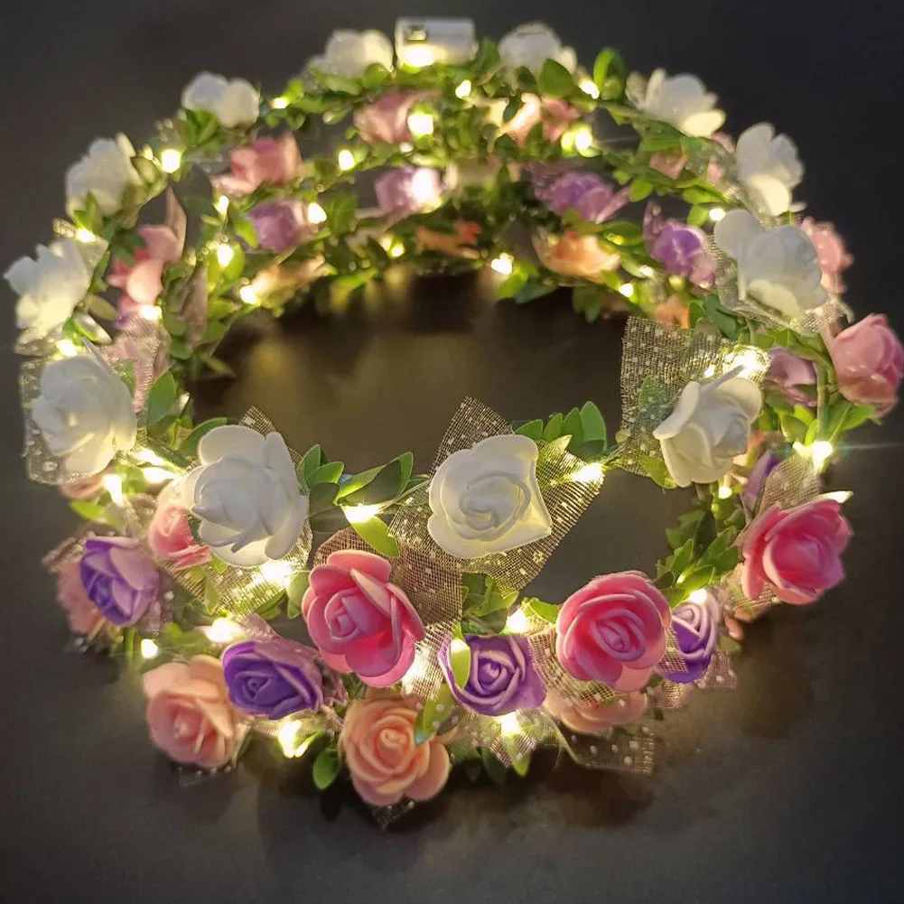 1PC Flower Crown Fairy LED Light Up Hair Wreath Party Floral Headpiece Hair Band Birthday Wedding Luminous Headband