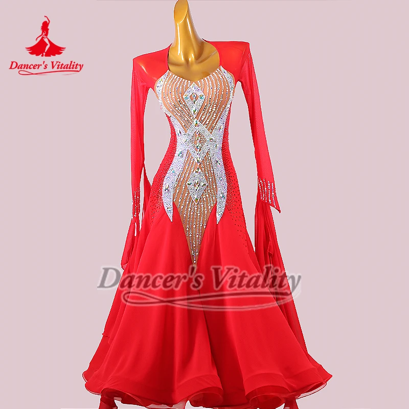 볼룸 댄스 하이 엔드 사용자 정의 빨간색 긴 소매 성인 왈츠 퀵 스텝 탱고 대회 복장을위한 우아한 빅 스윙 드레스