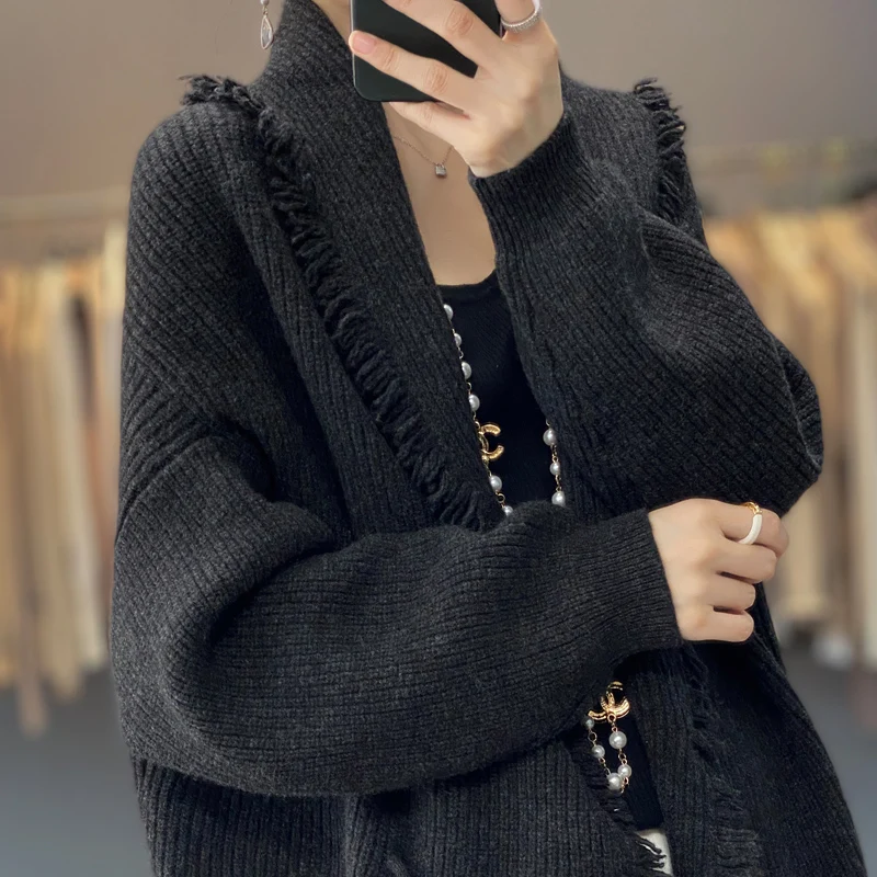 100% merino cashmere sweater women\'s sweater V-neck long sleeve solid color long loose coat cardigan women in autumn and winter