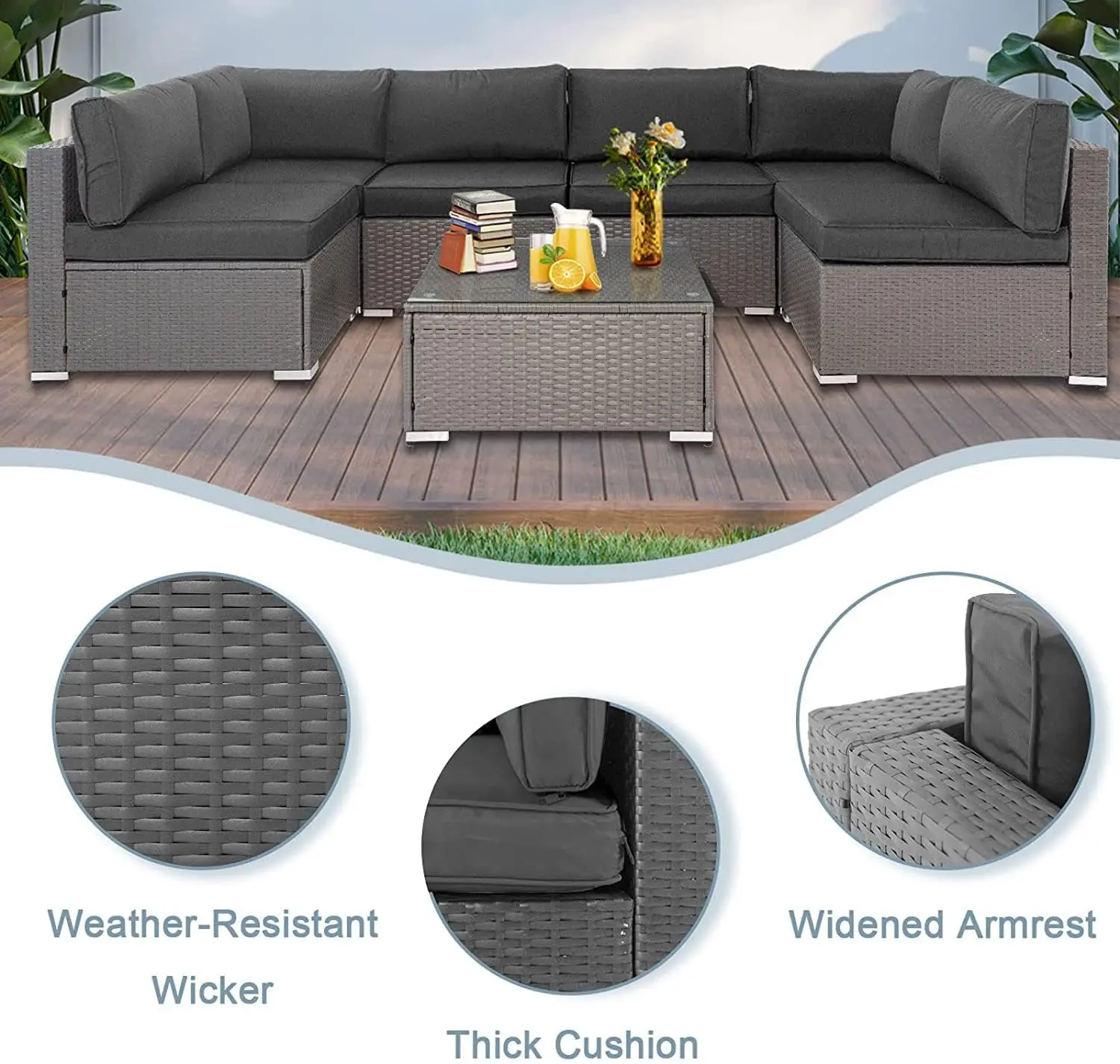 Conjunto de sofás para muebles de exterior, sofá seccional de mimbre gris para todo tipo de clima,