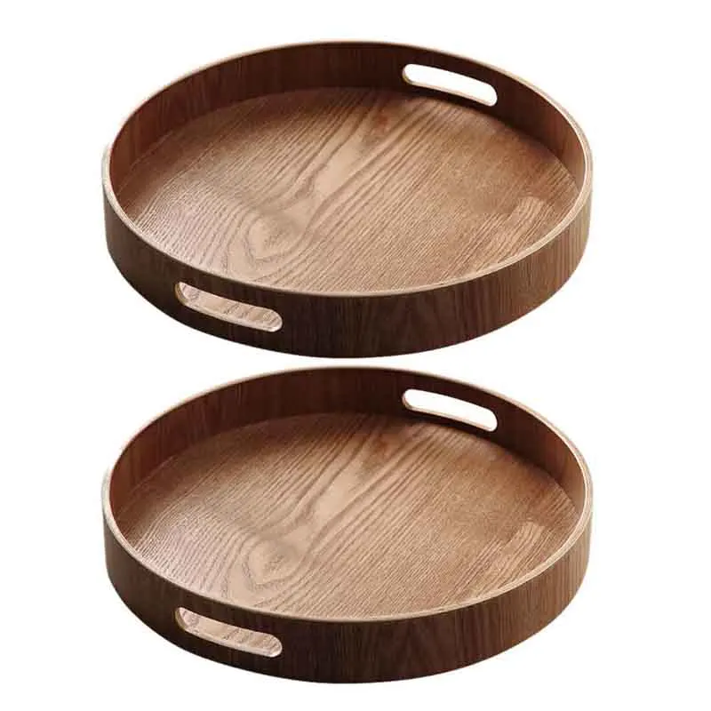 

2x Round Serving Bamboo Wooden Tray for Dinner Trays Tea Bar Breakfast Food Container Handle Storage Tray 3 & 1 CNIM Hot