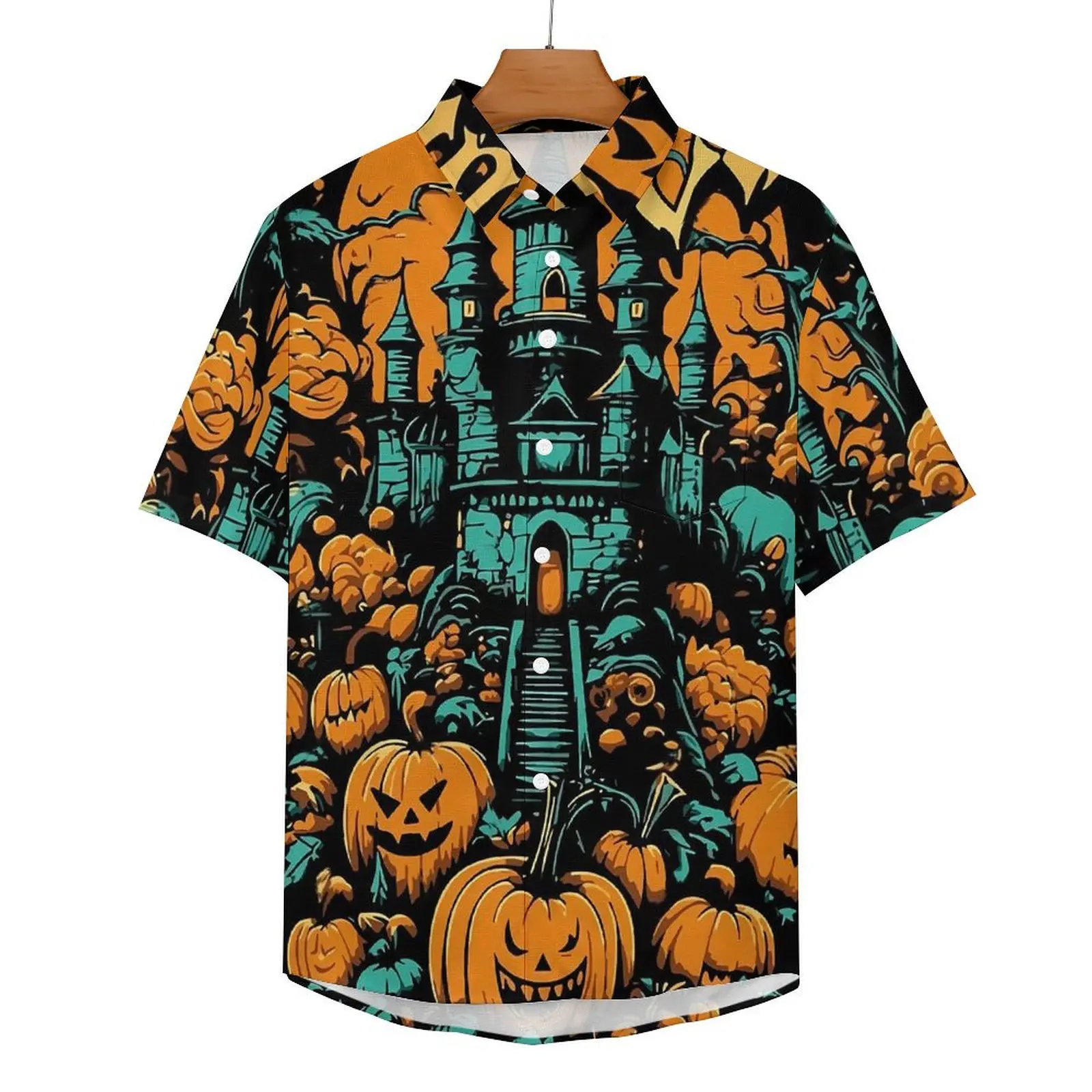 

Halloween Pumpkins Beach Shirt Haunted House Hawaiian Casual Shirts Man Retro Blouses Short Sleeve Design Clothes Plus Size 4XL