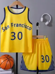 2-Piece Set of Boys' San Francisco Warriors City Version Curry No. 30 Jerseys Suitable for Outdoor Basketball Sportswear