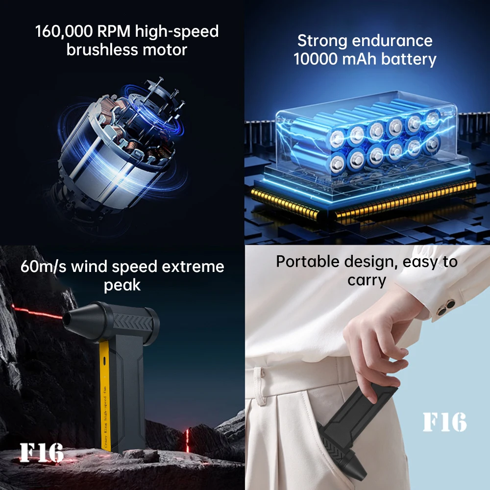 160000 RPM F16 Electric Turbo Jet Fan Brushless Motor High-Speed Turbo Violent MINI Fan USB Rechargeable Powerful Dust Blower