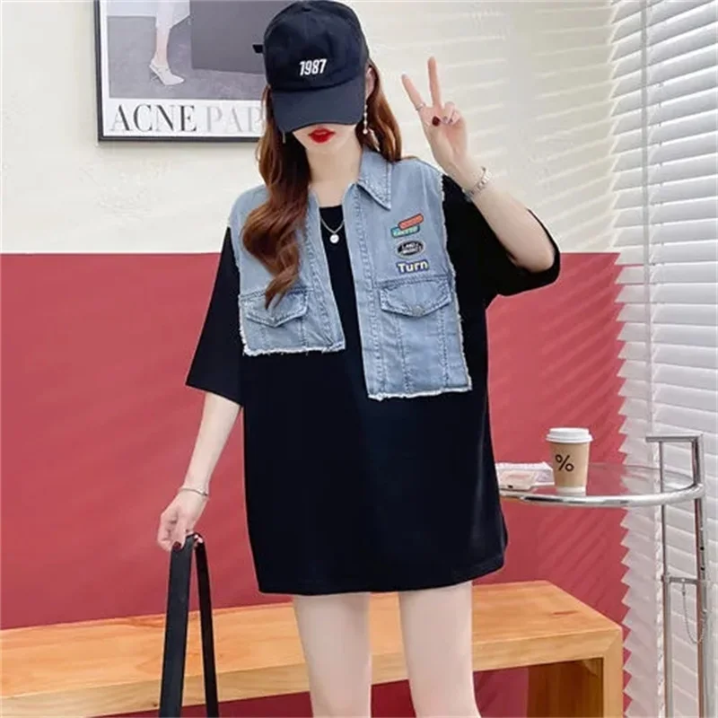 Denim Stitching Summer New Fake Two-Piece Short-Sleeved T-Shirt Women's Loose And Slim medium Long Online Celebrity Coat