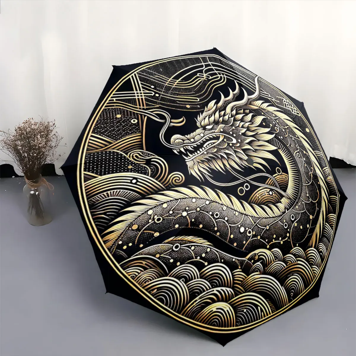 Golden Dragon Design with Waves and Geometric Art portable waterproof sun rain umbrella for outdoor travel beach
