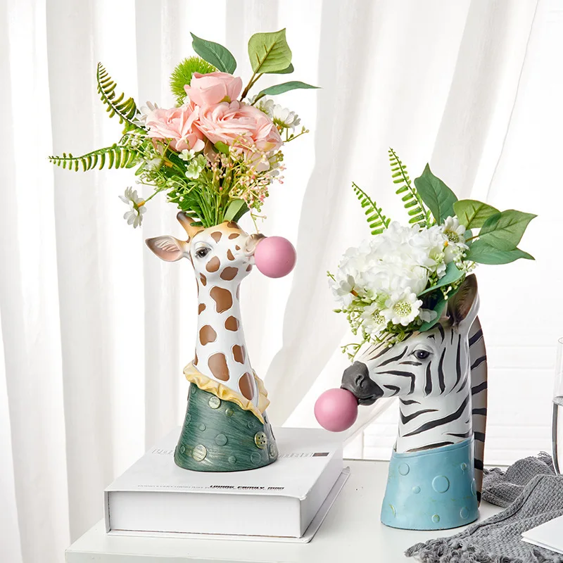 1PCS Zebra Giraffe Blowing Bubbles Creative Art Vase Artificial Flower Vase Dried Flower Vase Living Room Table Art Home Decor