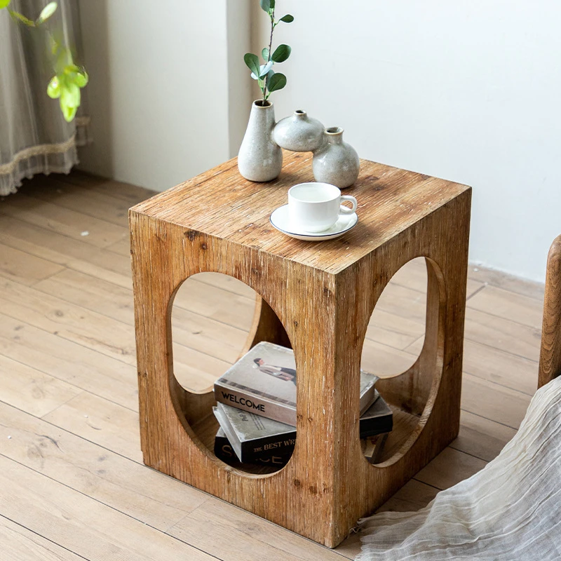 Vintage American Side Tables Do Old Wooden Coffee End Tables for Living Room Lounge Cafe Decor Log Wood Hollow-out Tea Table