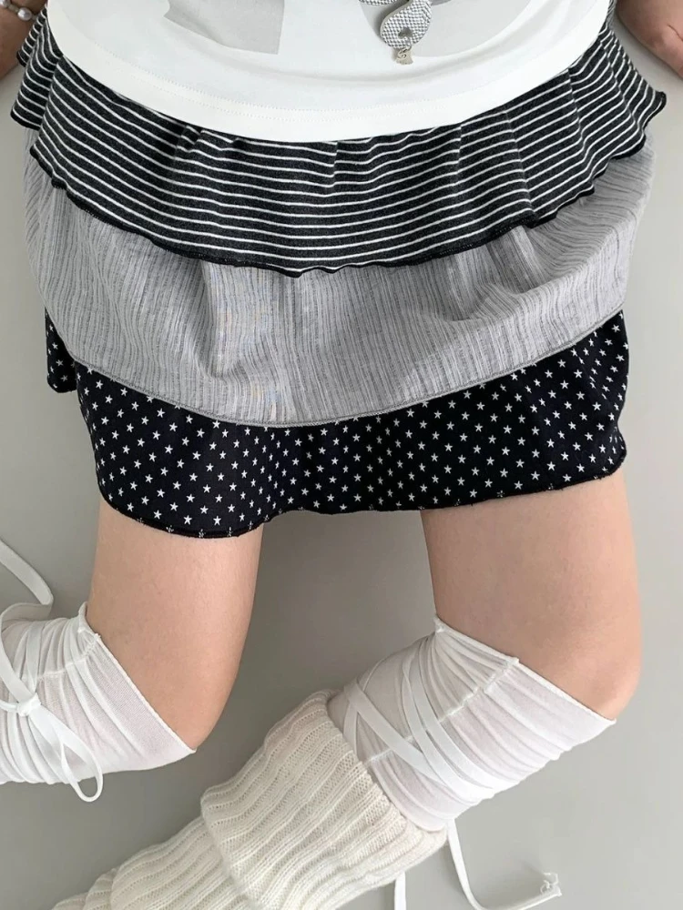 

Korean Fashion Vintage Patchwork Cake Skirt Women Polka-dot Striped Kawaii Fluffy Skirts New Design Slim Retro Harajuku Clothing