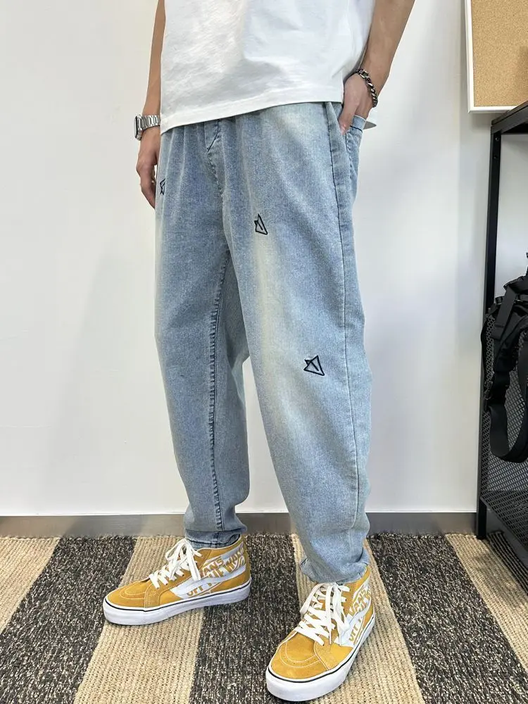 Men's Summer Thin Harem Jeans Elastic Waist Nine Point Trousers Streetwear Casual Loose Fit Denim Pants Fashion Trendy