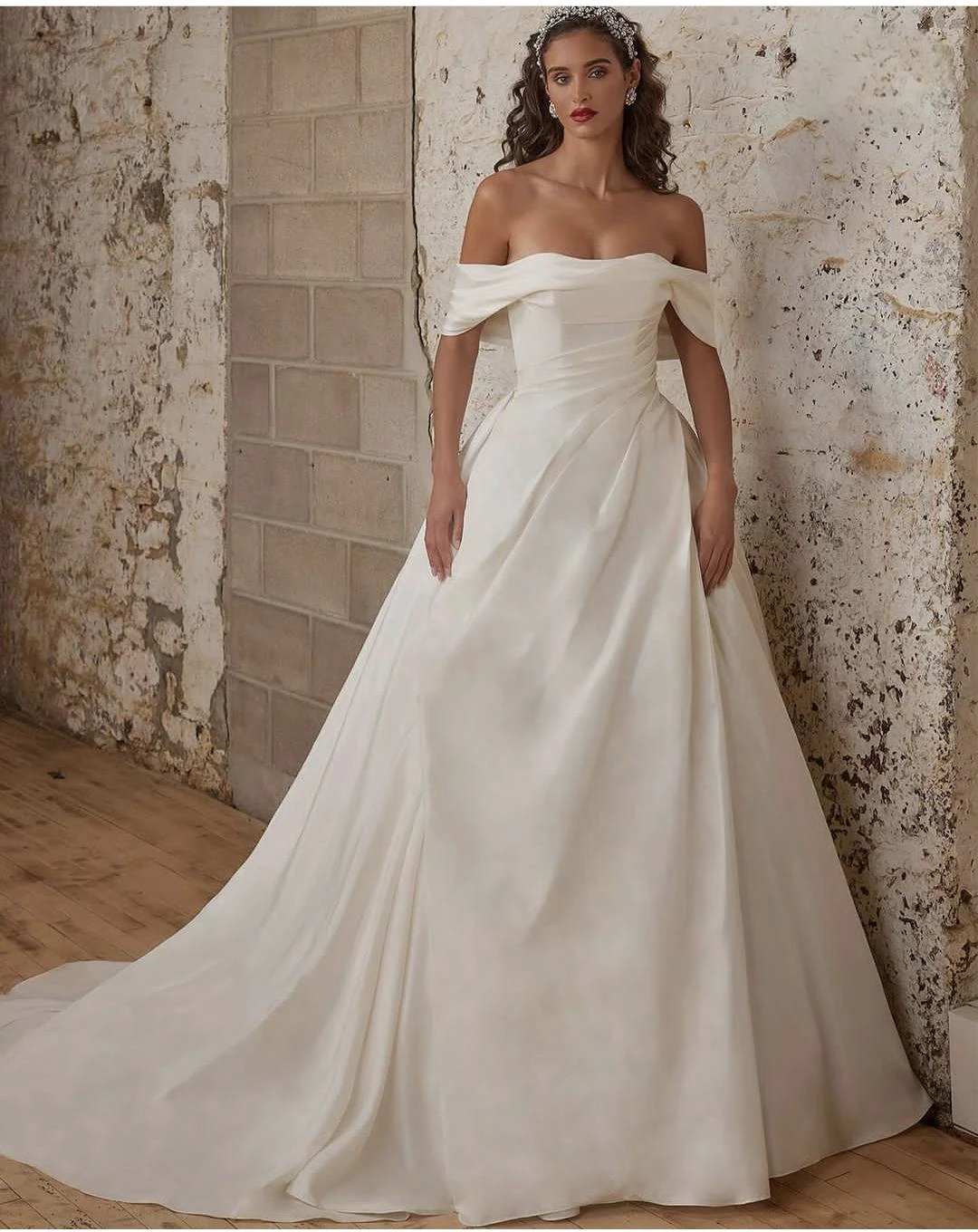 Elegant Satin Off The Shoulder A-Line Wedding Dress For Women Bridal Gowns Customize To Measures Charming Long Tail Elegant 2024