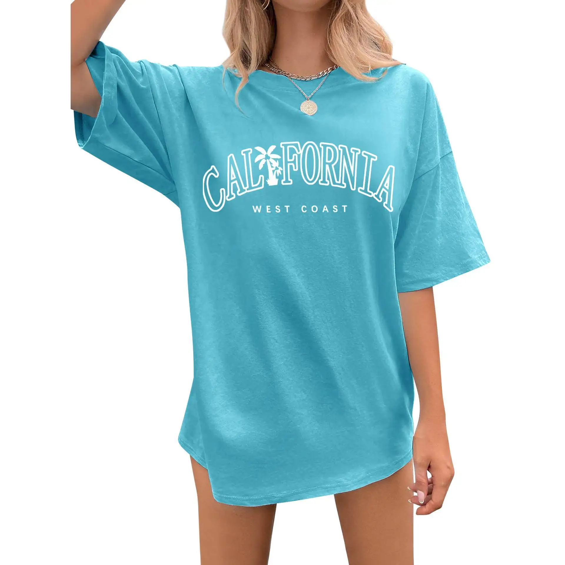 تي شيرت نسائي فضفاض موديل 2023 بأسلوب كاجوال برقبة مستديرة وأكمام قصيرة مطبوعة مريح من القطن بأكمام خفاشية #3