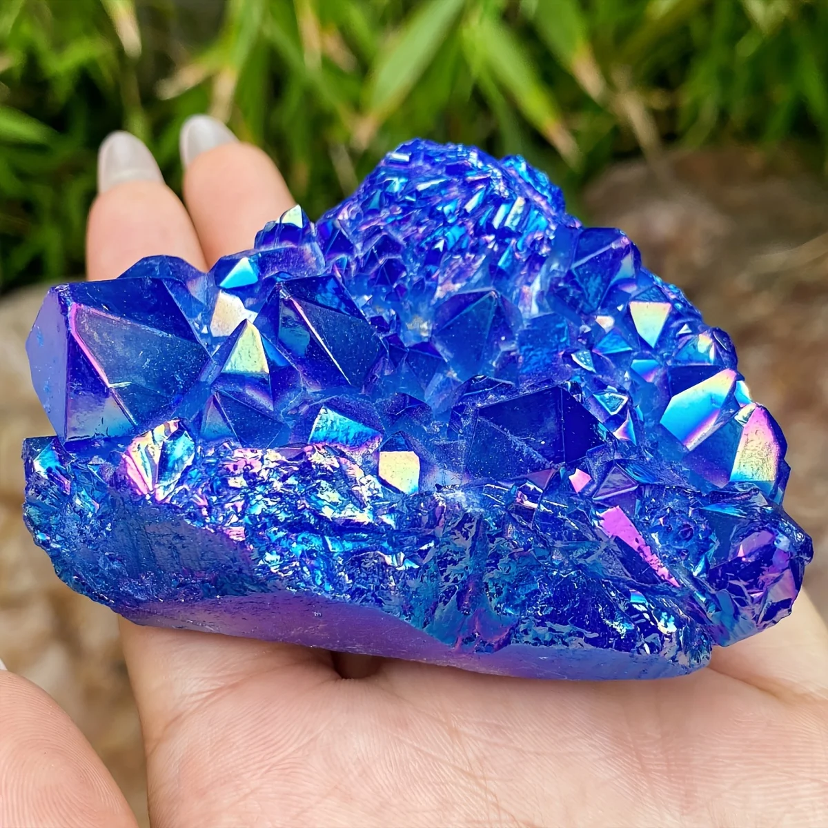 1pc Blue Color Titanium Coated Rock Crystal Cluster, Stunning Blue Quartz Cluster Ornament Titanium, Artificial Crystal Plating