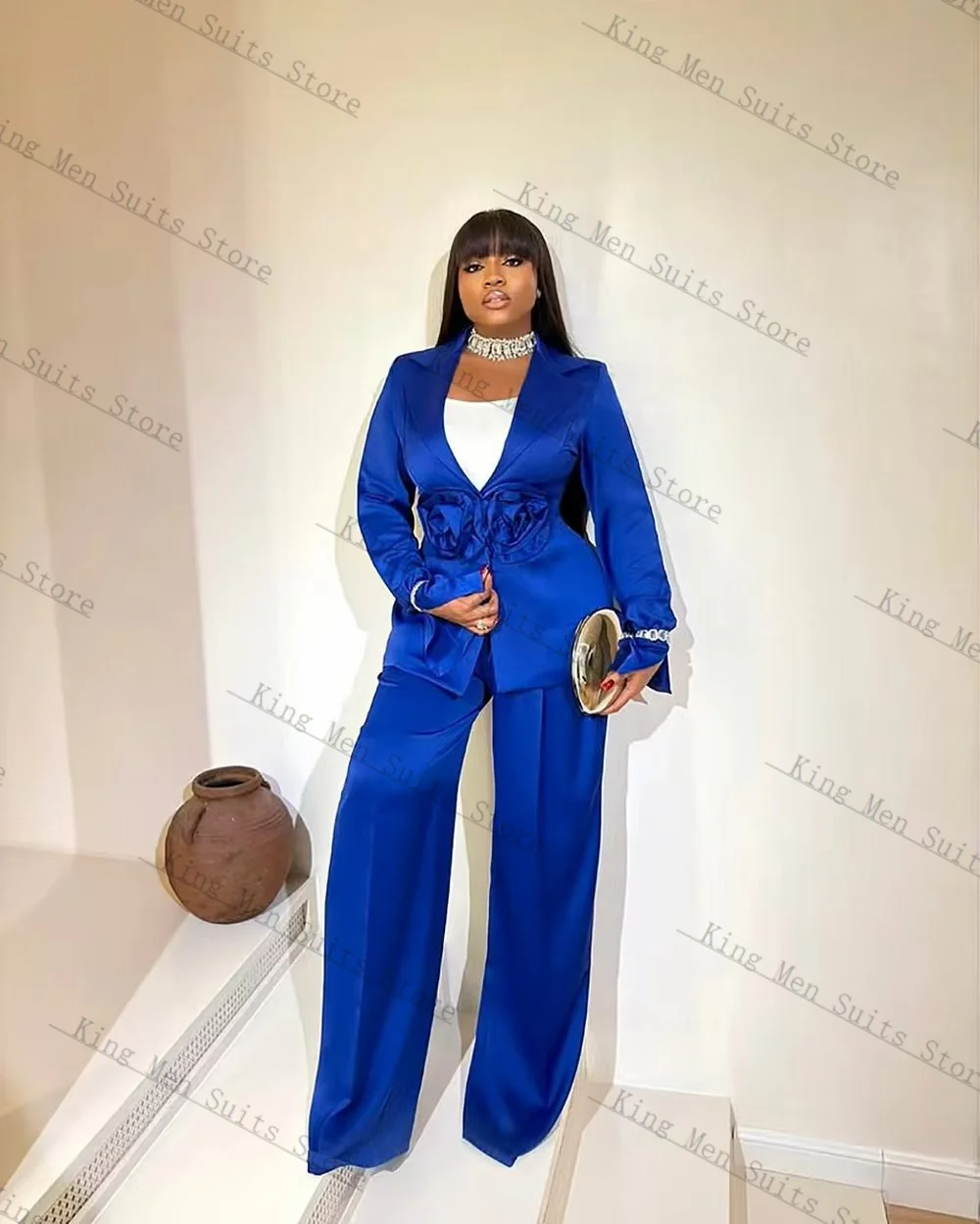 

Blue Satin Women Suit Set 2 Piece Blazer+Pants 3D Flower Customized Autumn Fall Formal Office Lady Guest Wedding Tuxedos Coat