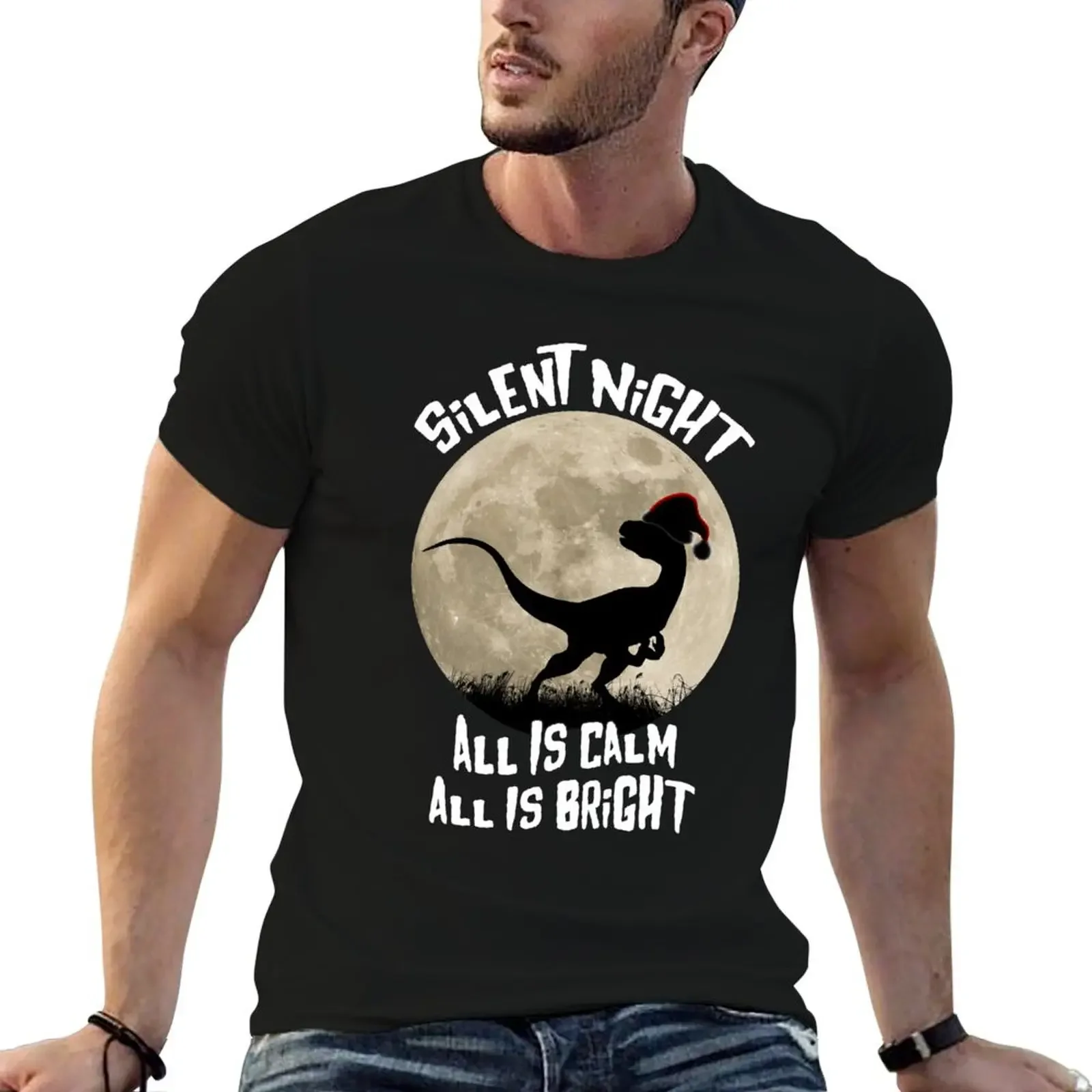 

Christmas Silent Night All Is Clam All Is Bright Velociraptor Santa Hat Full Moon T-Shirt graphics cute tops vintage t shirt men