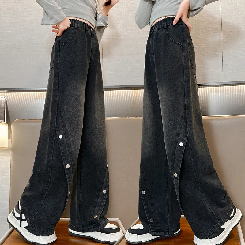 Girls' Loose Straight Jeans Children's New Style Wide Leg Denim Pants Kids Stylish Trousers with Splicing Button Design 4-14 Yrs