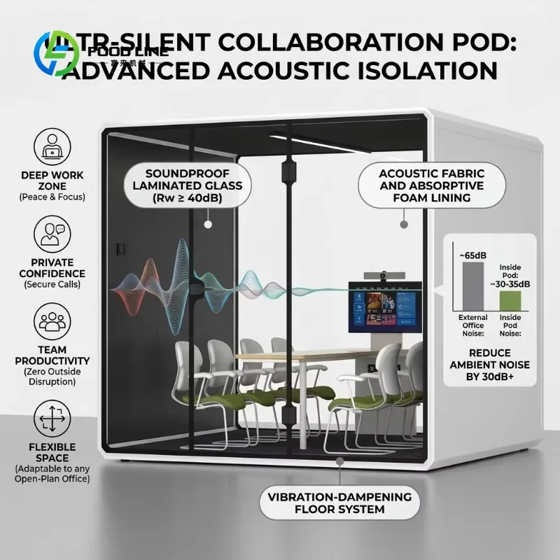 Modular Soundproof Meeting Pod 6-Person Acoustic Office Booth with Ventilation & LED for Airport Lounge & Open Workspace