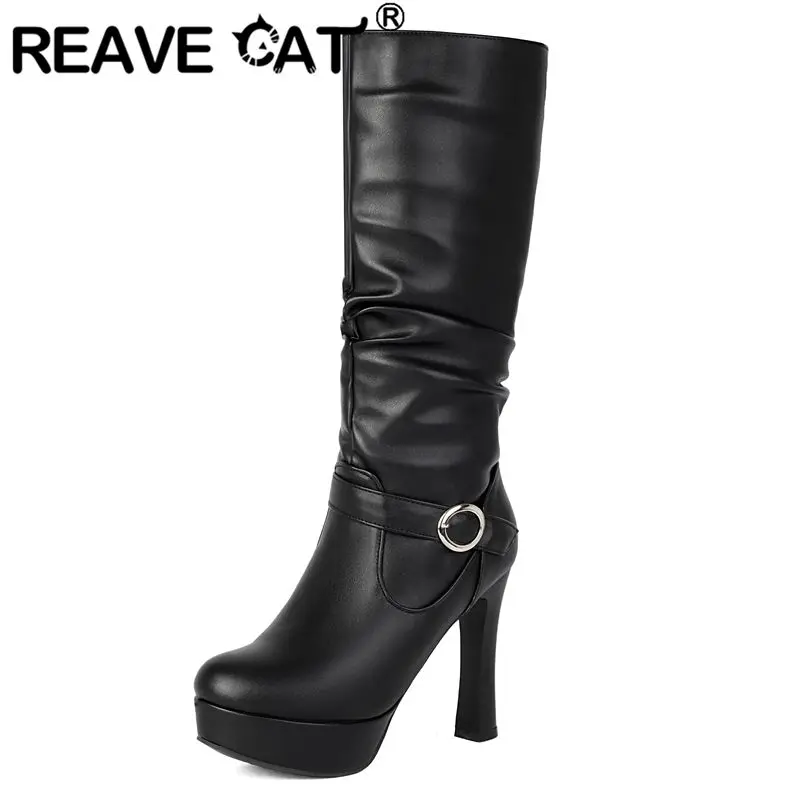 

REAVE CAT Women Knee High Boots Round Toe Low Heels Button Double Wear Large Size 47 48 49 50 Vintage Leisure Daily Knight Bota