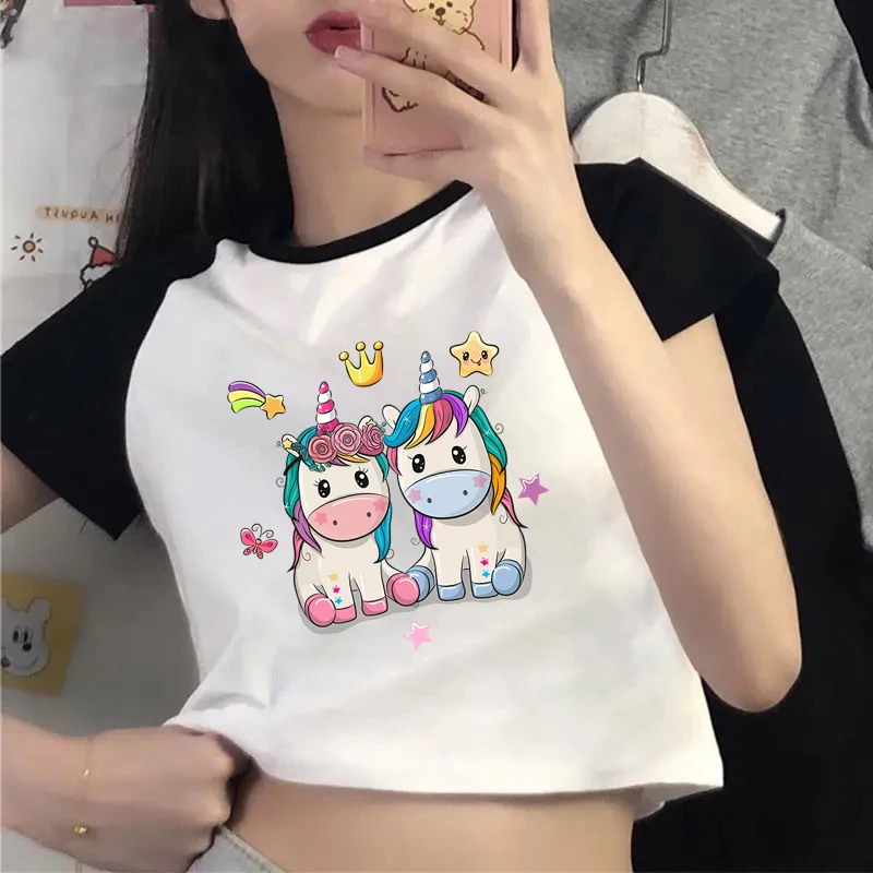 Cartoon Unicorn Classic Tops Women Funny Cute Animal Lovers Cropped Tshirt Cute Unicorn Printed Short Sleeve T-shirt for Women