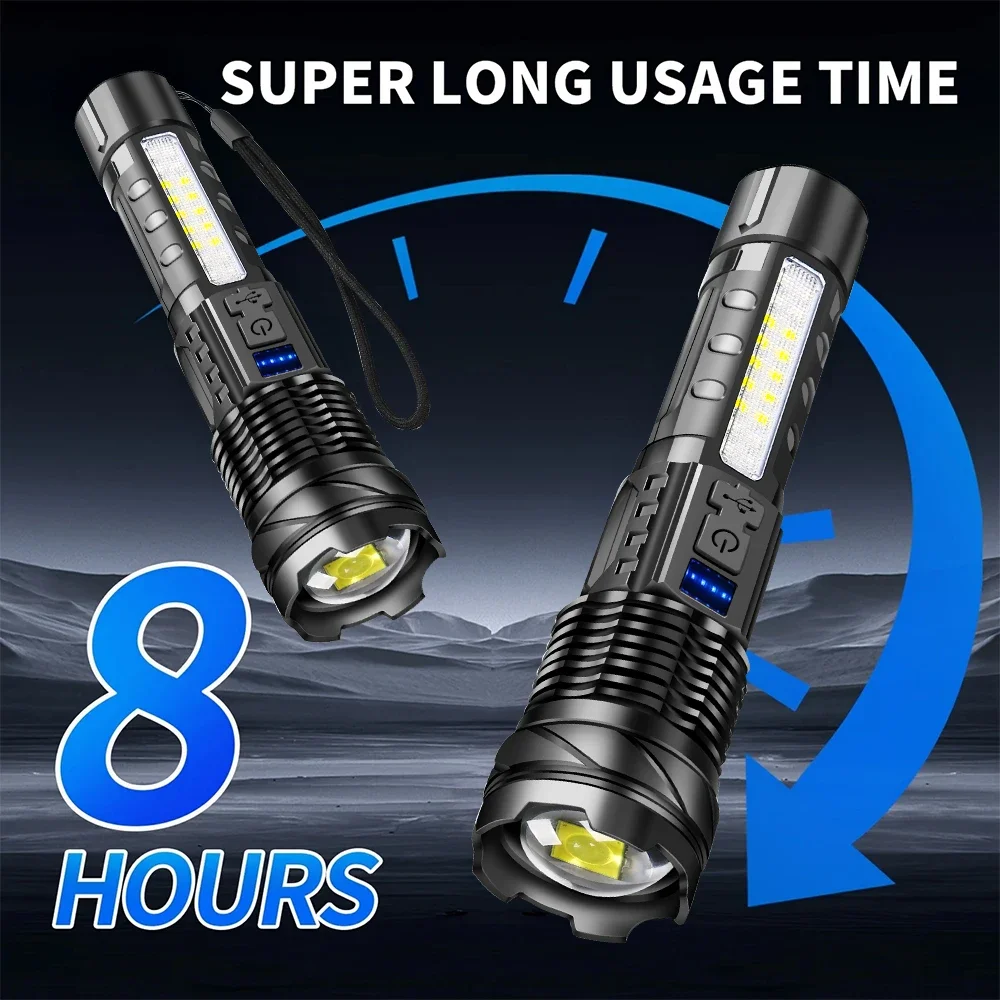 High Strong Power Led Flashlights Tactical Emergency Spotlights Telescopic Zoom Built-in Battery USB Rechargeable Camping Torch