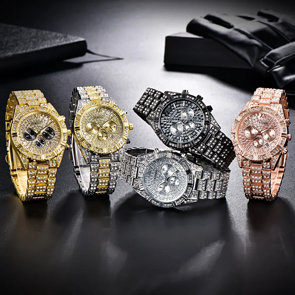 Full Rhinestone Men’s Watch Chic Geometric Steel Band Couple Watch Romantic Rose Gold Three Eye Calendar Quartz Wristwatch