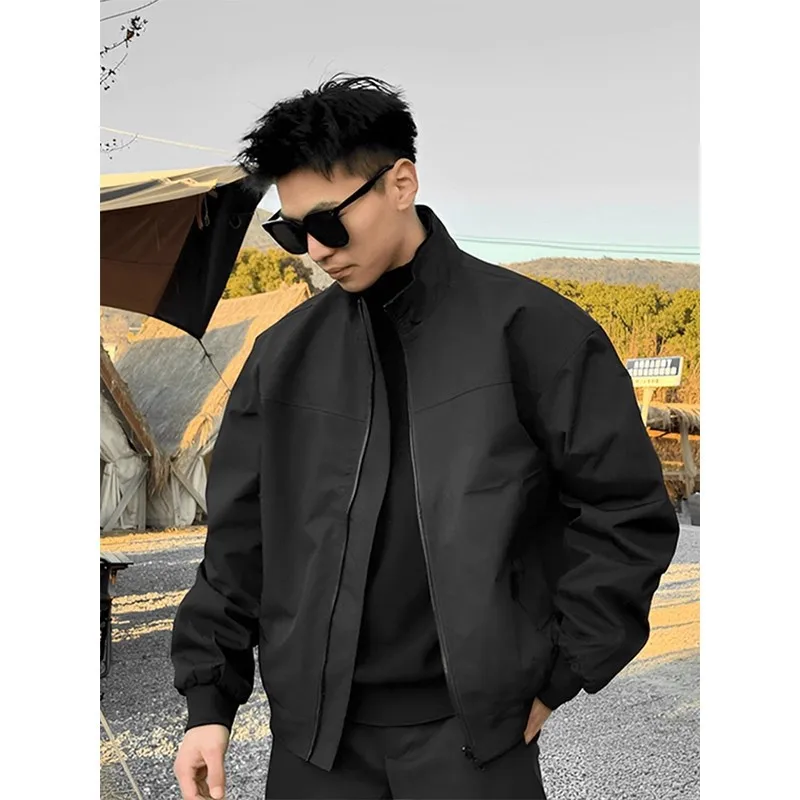 

High-End, Stylish Cool Men's Black Stand-Collar Coach Jacket, Suitable For Spring And Autumn, American Retro Short Workwear