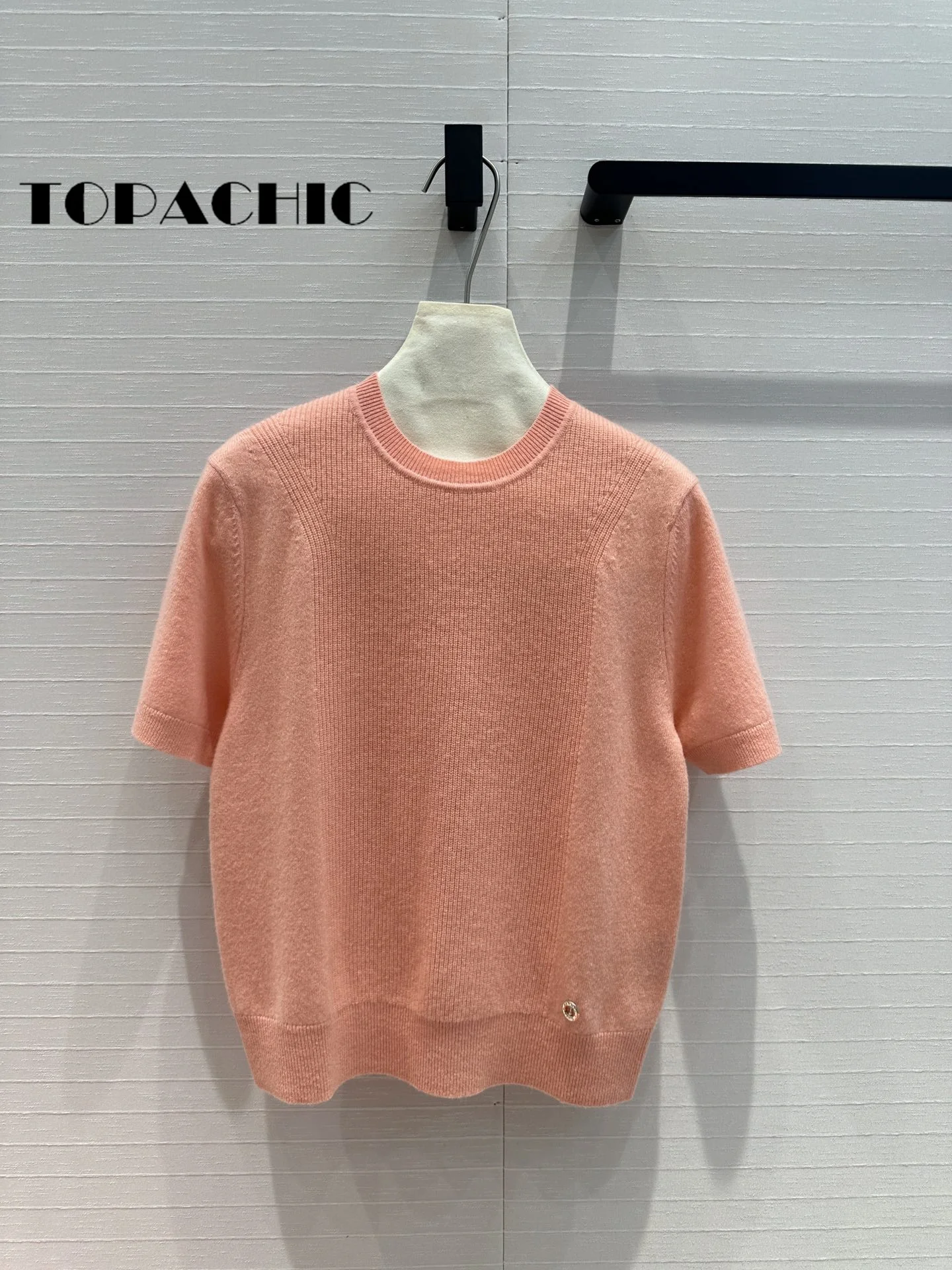 7.15 TOPACHIC Solid Simple All-matches O-Neck Ribbed Knitwear Top Fit Women Metal Decoration Short Sleeve Cashmere Knit Sweater