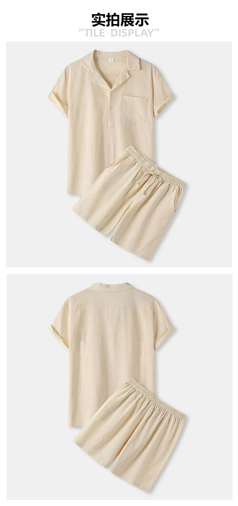 2026 Sommer Herren Einfarbiges Baumwoll-Leinen Zweiteiler-Set Revers Kurzarm-Hemd Passende Shorts Modisches Lockeres Freizeit-Outfit S bis – Detail 7