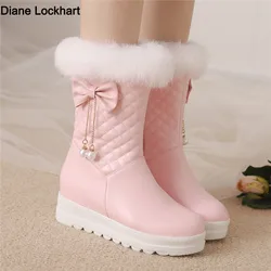 Fashion Women Snow Boots 2024 New Faux Fur Winter Boots Height Lncreasing Platform Thick Plush Warm Zip Winter Shoes White Pink