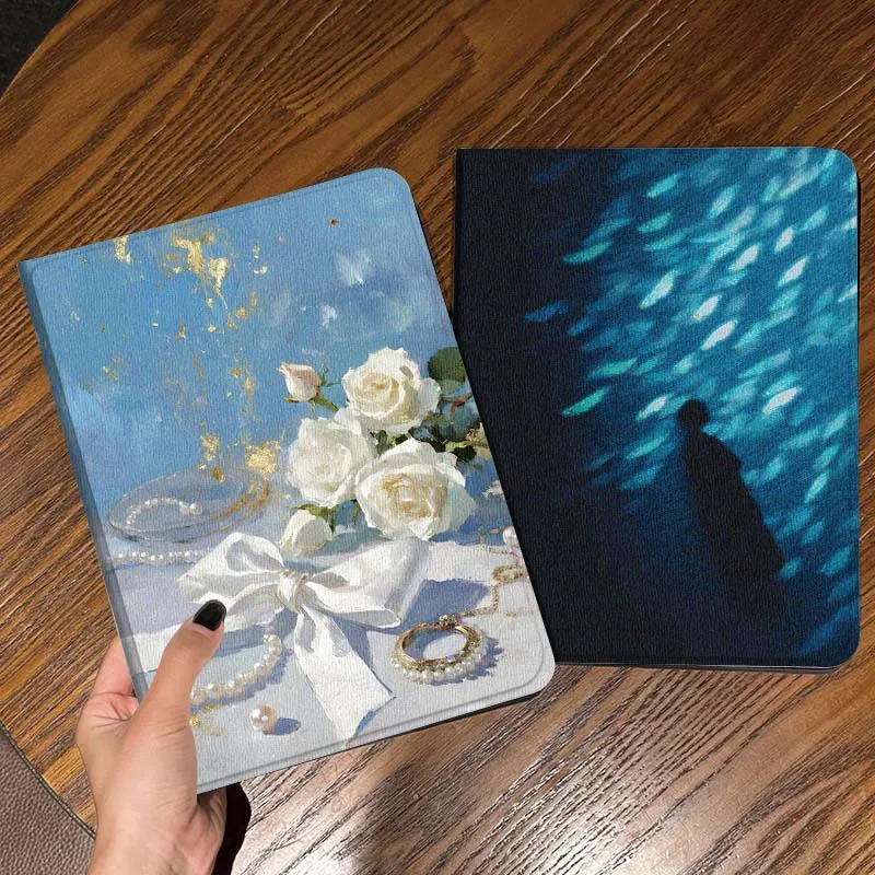 

White Roses Pearl Bow Tablet Case For Apple iPad Air Pro mini 1 2 3 4 5 6 7 8 9 11 M2 M3 M5 M4 5th 6th 7th 10th 11th Gift