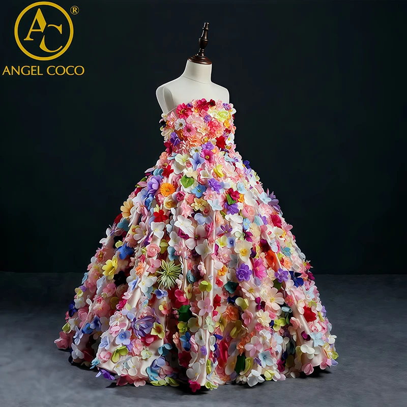 فساتين فاخرة لفتاة الزهور برقبة عالية فستان حفلات الزفاف زهور طول الأرض فستان عيد ميلاد الأميرة حسب الطلب
