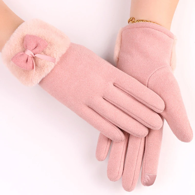 

Winter Female Cashmere Warm Suede Leather Cycling Mittens Double Thick Velvet Plush Wrist Women Touch Screen Driving Gloves