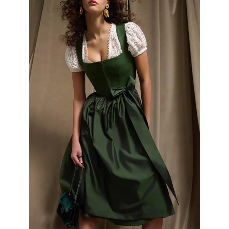 Damen Einfarbiges Kleid mit Quadratischem Ausschnitt, Kurzen Spitzenärmeln, Taillenschleife und Plissee, Midi-Länge, Weiches, Bequemes, Trendiges, Elegantes Freizeitkleid
