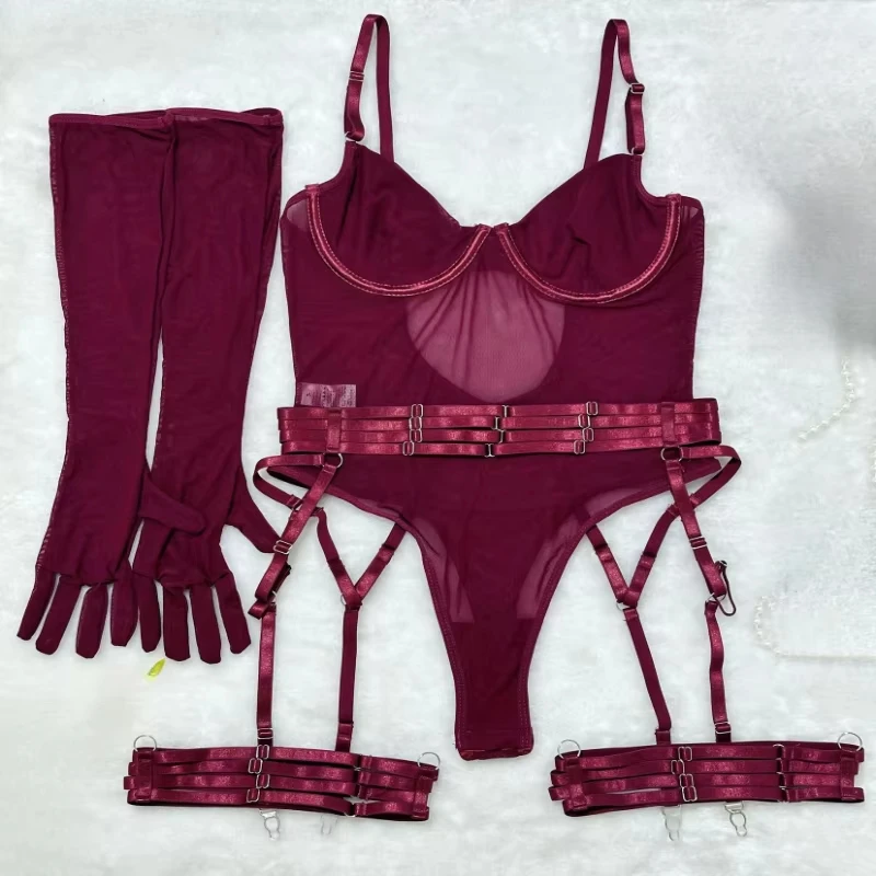 Sexy bikini with spaghetti straps, one-piece swimsuit with mesh see-through design, underwire support, and push-up effect