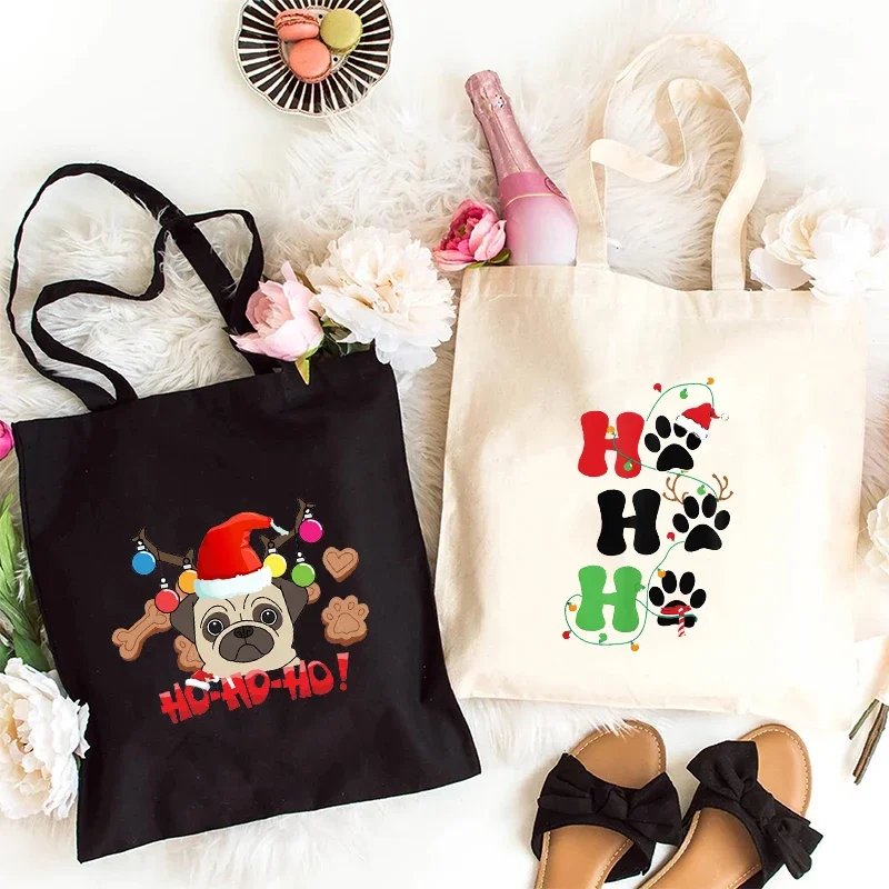 

Ho Ho Ho Paw Prints Wome's Canvas Tote Bags Funny Merry Christmas Dog Lady Handbag Large Capacity Shopping Casual Shoulder Bag