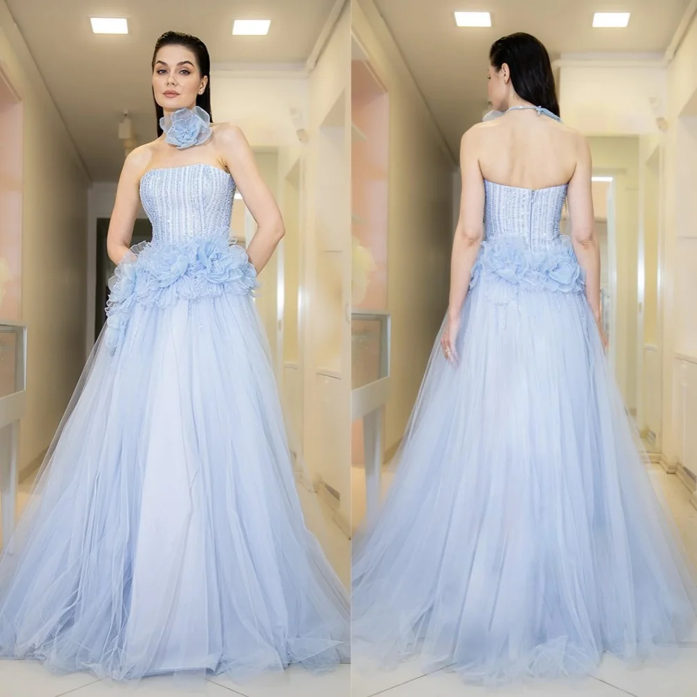 

Customized Sexy Casual Tulle Flower Draped Sequined Valentine's Day A-line Strapless Bespoke Occasion Gown Long Dresses